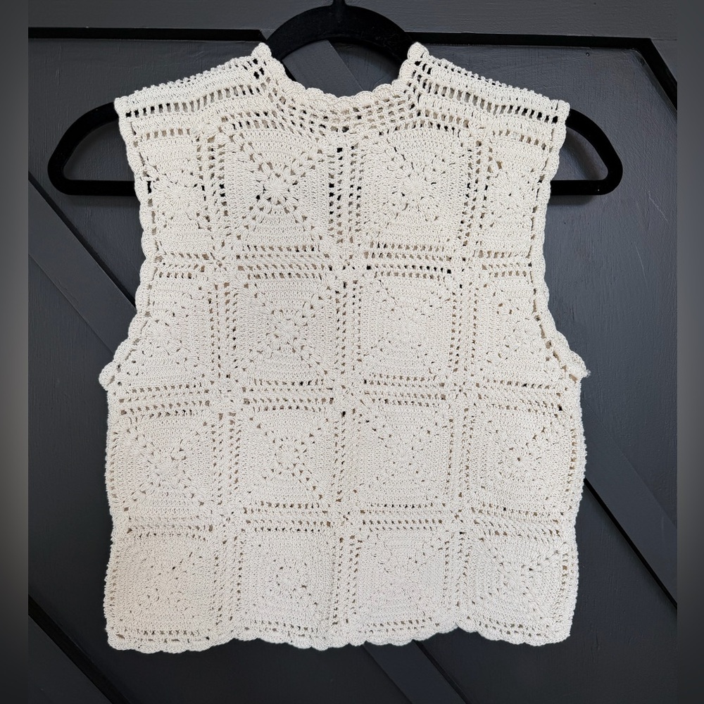 Magali Pascal Crochet Granny Square Top in Cream, Size Small